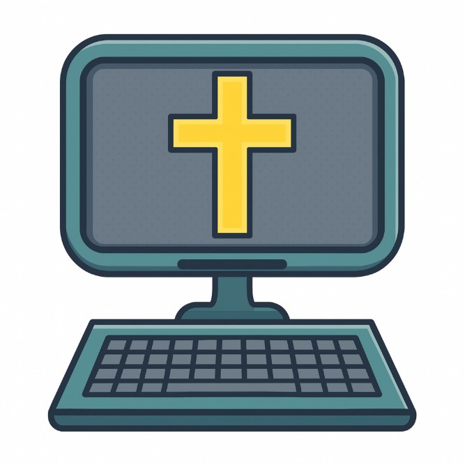 Illustration of a computer with a golden cross on the screen, symbolizing faith and technology.