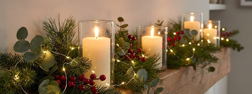 Candles and evergreen greenery creating a warm Christmas atmosphere
