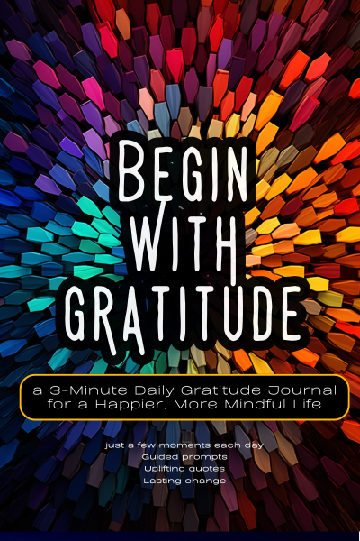 Begin With Gratitude journal cover with layered colorful abstract pattern and bold white text.